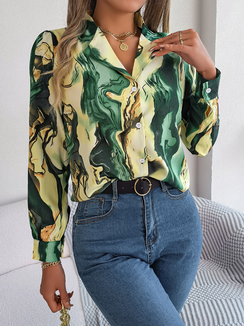 Women's Casual Color Block Stripe Notched Lapel Long Sleeve Shirt