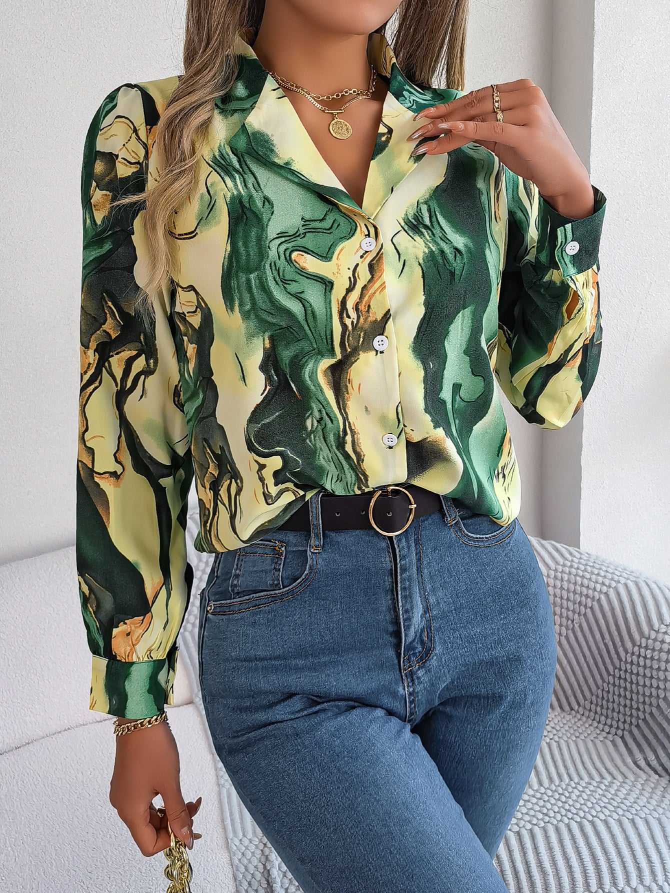 Women's Casual Color Block Stripe Notched Lapel Long Sleeve Shirt