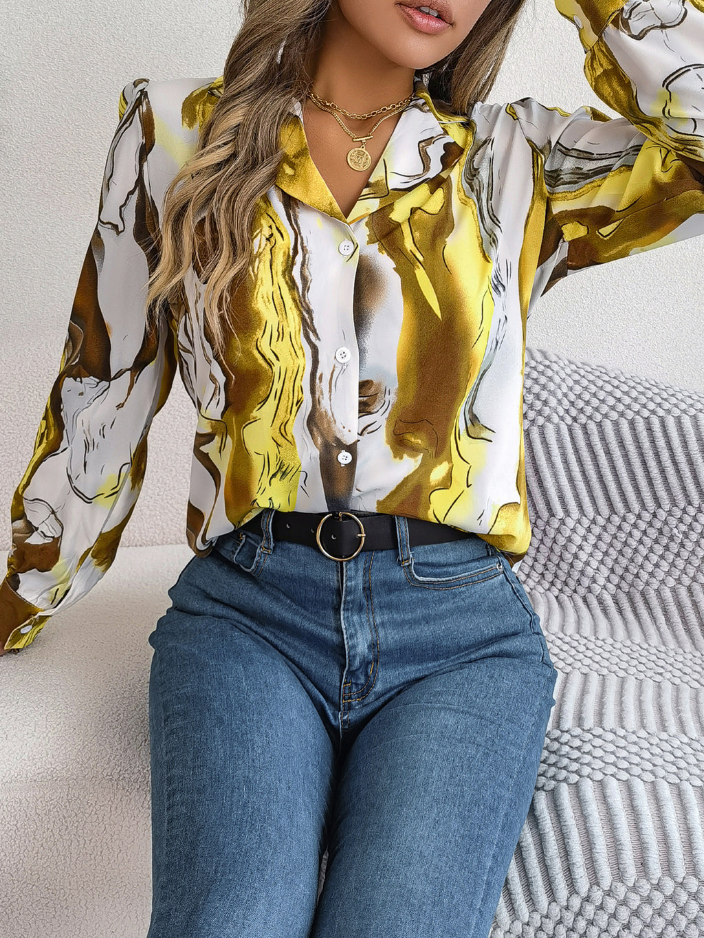Women's Casual Color Block Stripe Notched Lapel Long Sleeve Shirt