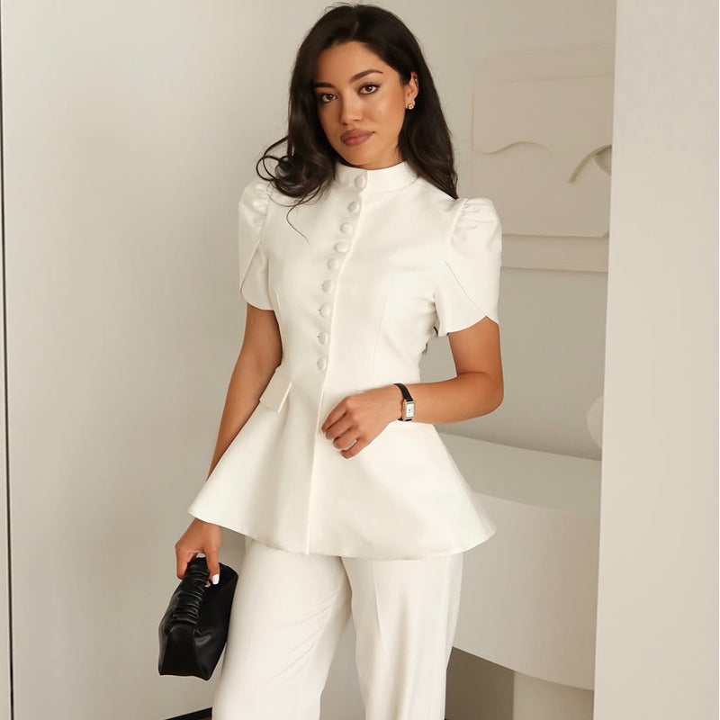Niche Puff-sleeve Row-button Waist-cinching Blazer Top