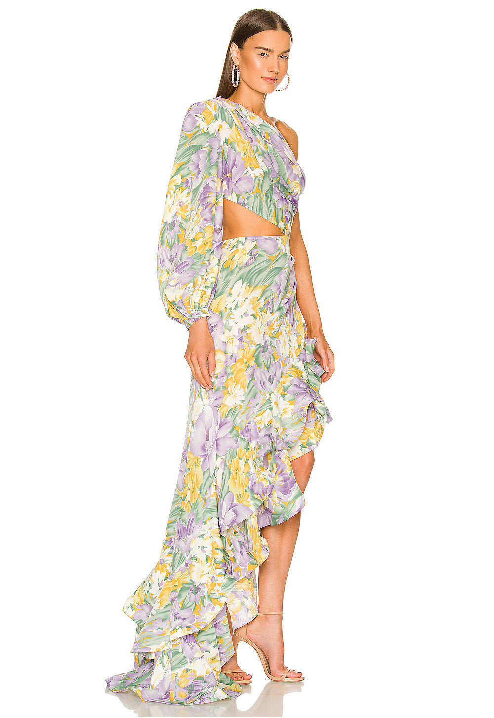 Women's Slanted Shoulder Floral Irregular Lotus Leaf Dress