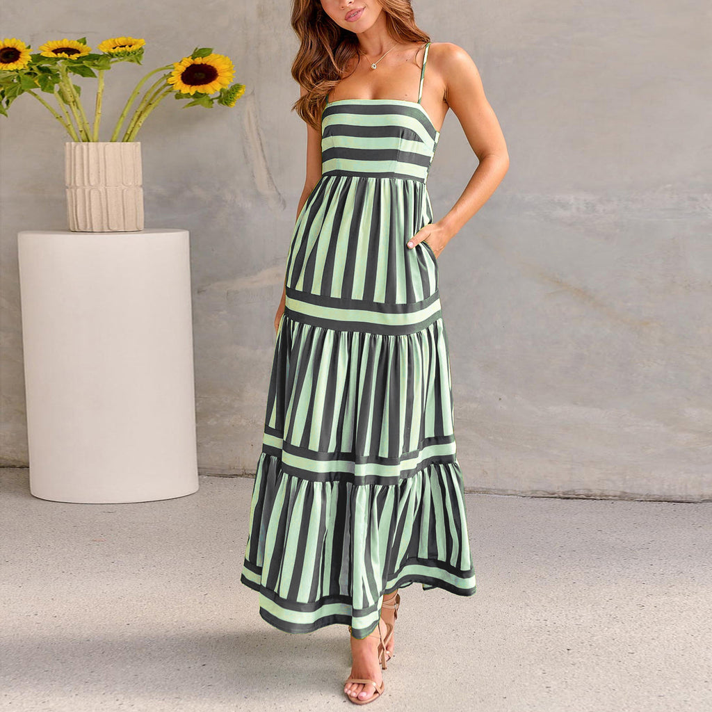 Striped Square Neck Maxi Dress with Pockets