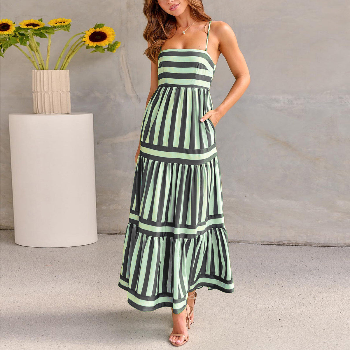 Striped Square Neck Maxi Dress with Pockets