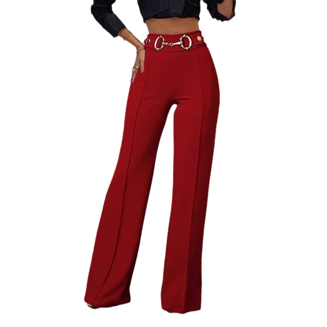 Solid-color High-waisted Womens Casual Straight-leg Pants