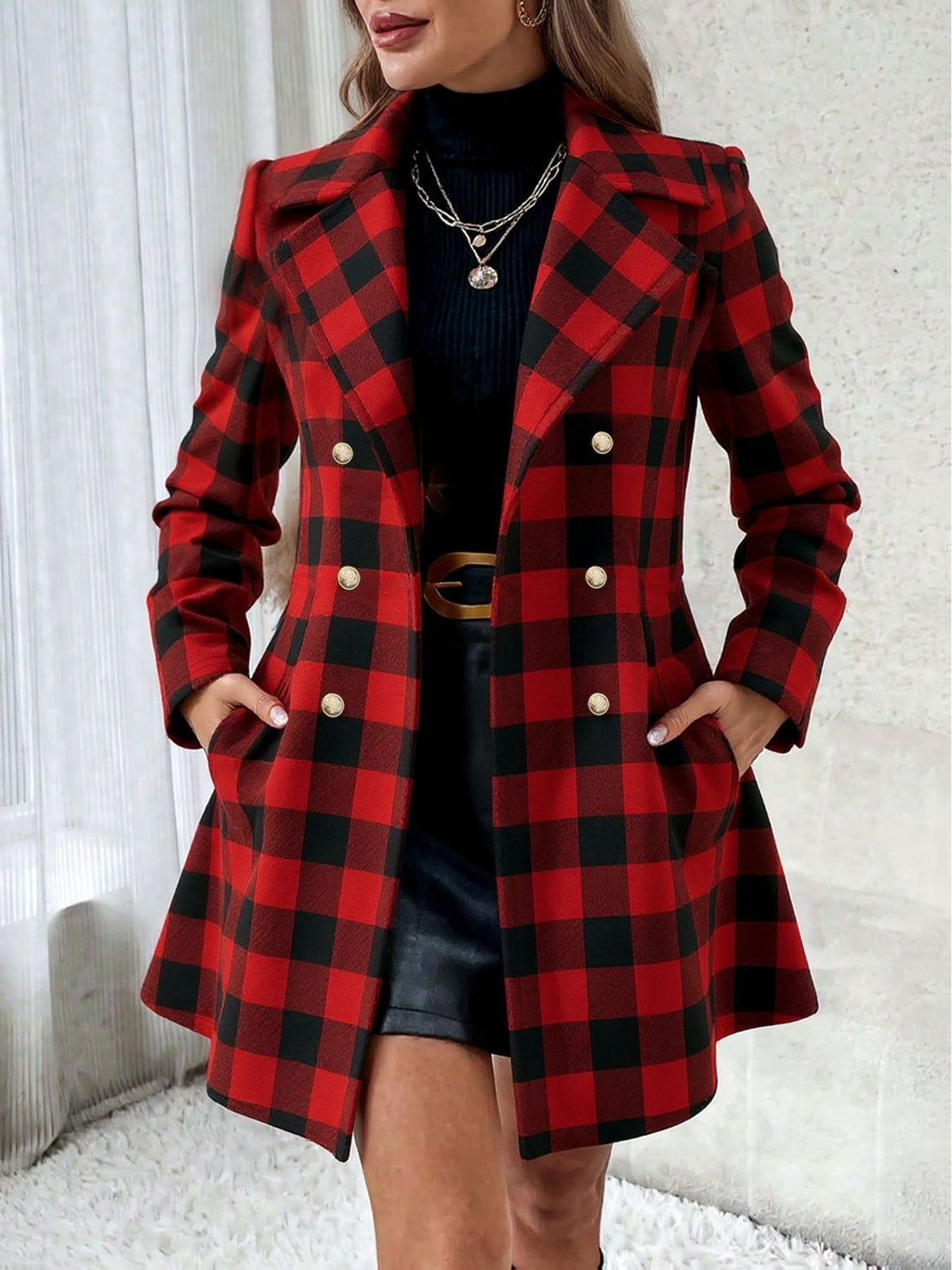 Plus Size Plaid Fleece-Lined Coat