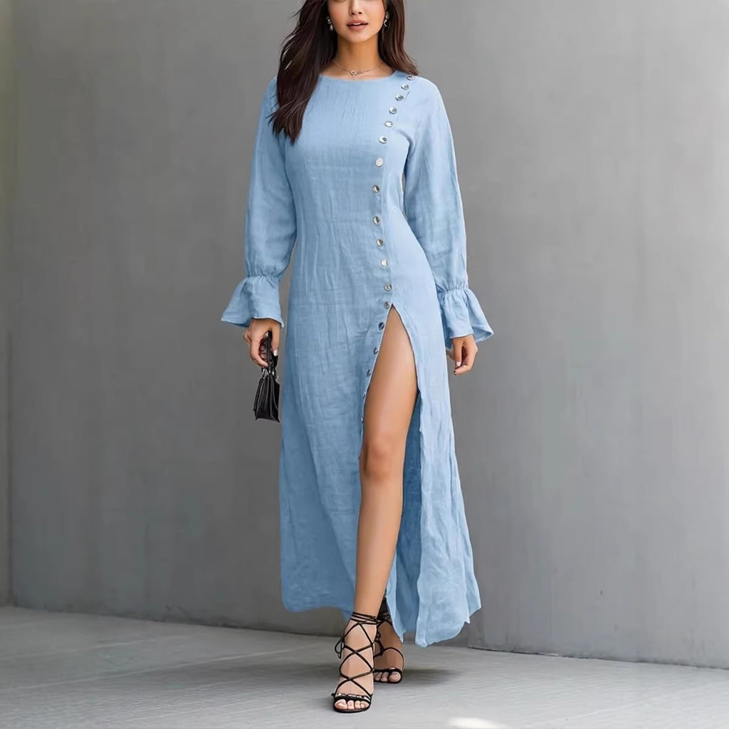 Womens Long-Sleeve Casual Cotton-Linen Slit Dress With Buttons