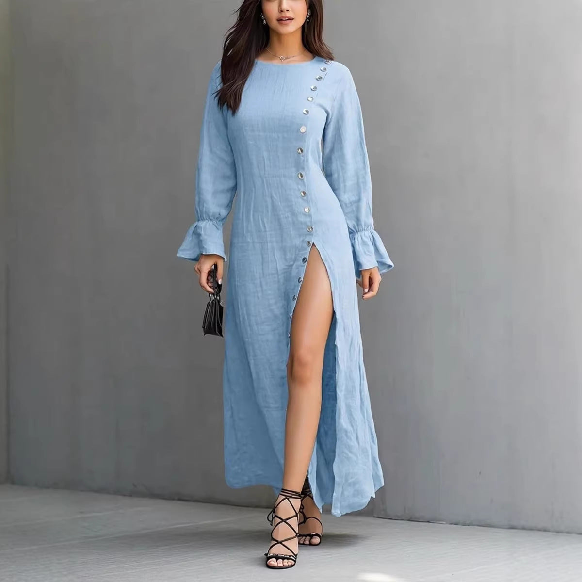 Womens Long-Sleeve Casual Cotton-Linen Slit Dress With Buttons