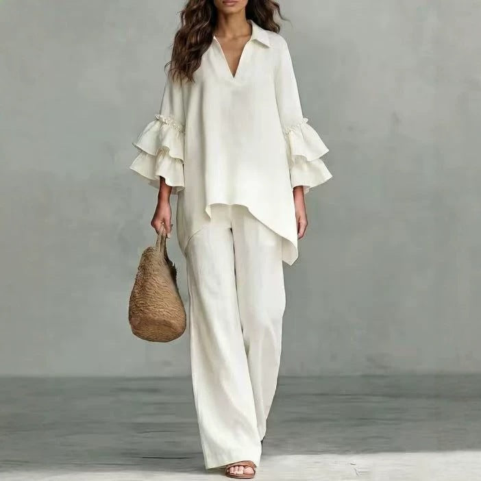 Ruffle V-Neck Wide-Leg Pants Set