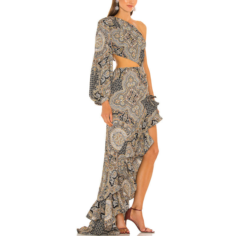 Women's Slanted Shoulder Floral Irregular Lotus Leaf Dress