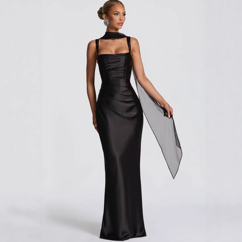 Pleated Square-Neck Fitted Skirt