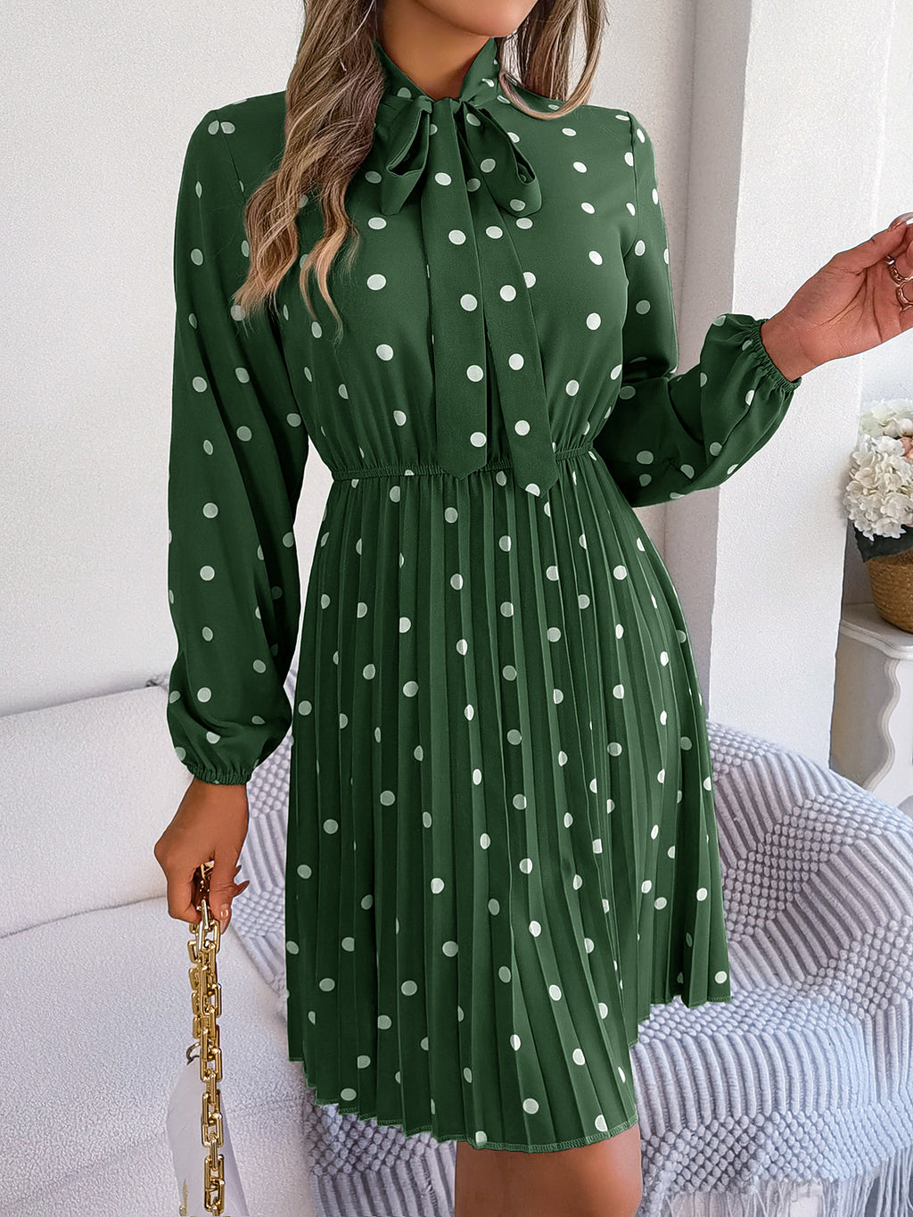 Women's Polka Dot Tie-Waist Long Sleeve Pleated Maxi Dress