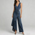 Western-style V-neck Asymmetrical Denim Jumpsuit