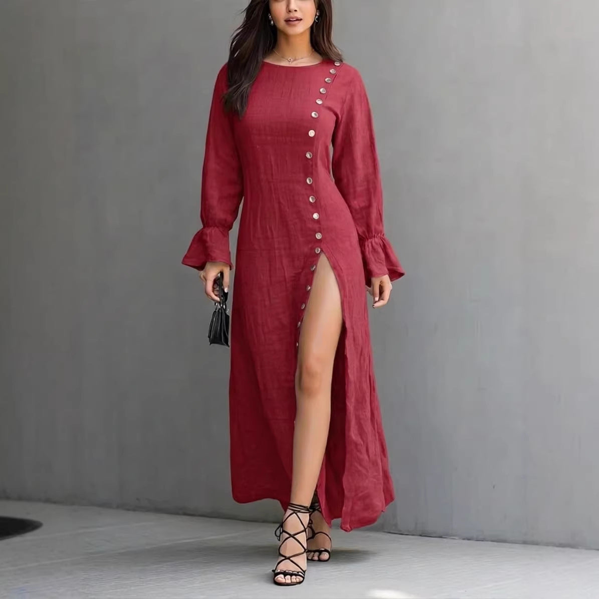 Womens Long-Sleeve Casual Cotton-Linen Slit Dress With Buttons