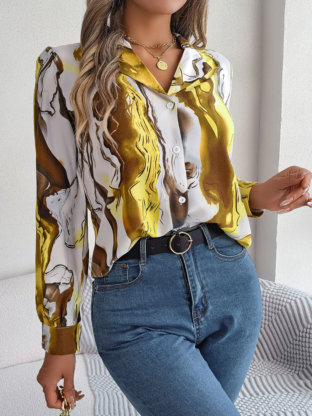 Women's Casual Color Block Stripe Notched Lapel Long Sleeve Shirt