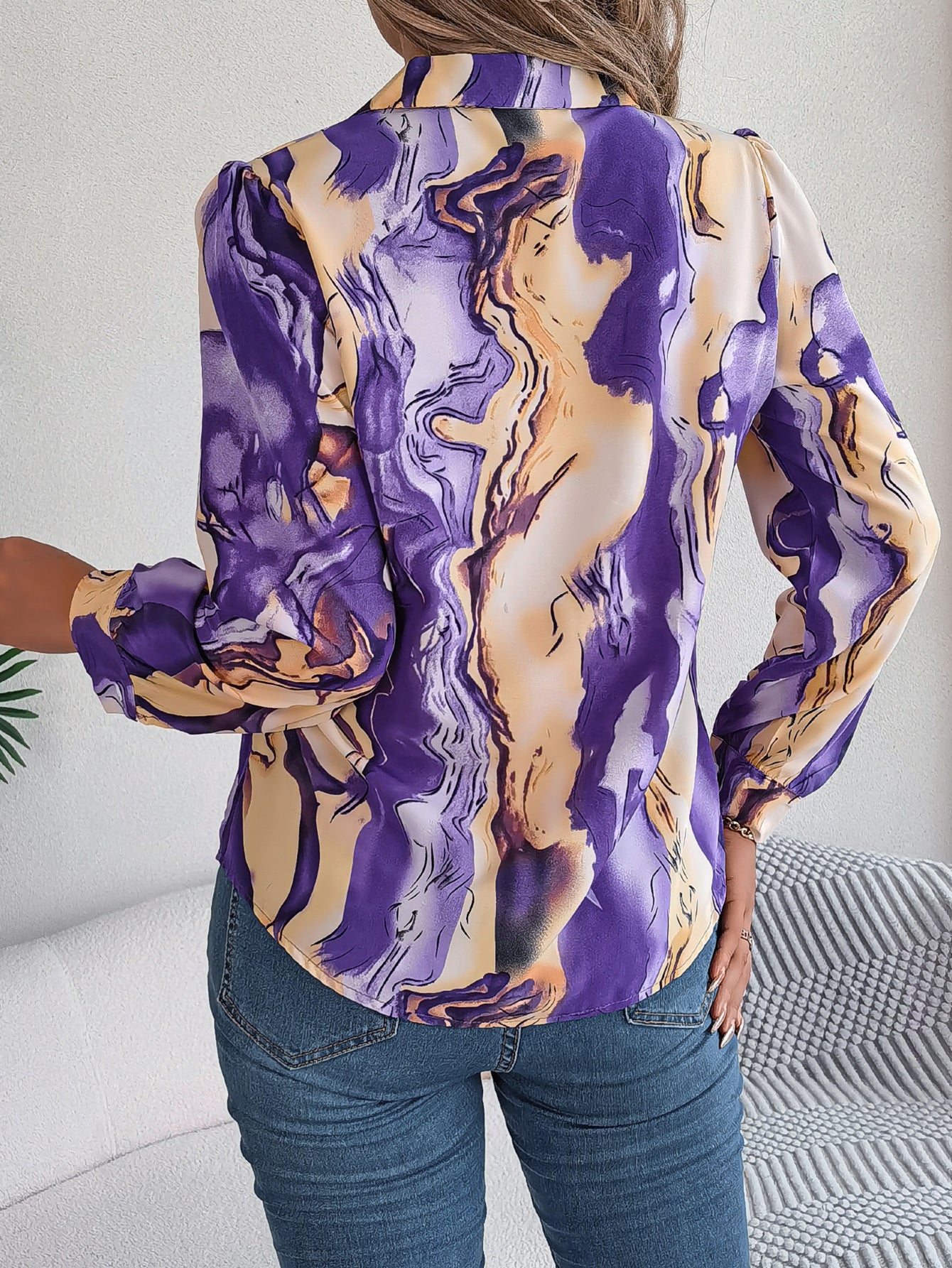 Women's Casual Color Block Stripe Notched Lapel Long Sleeve Shirt