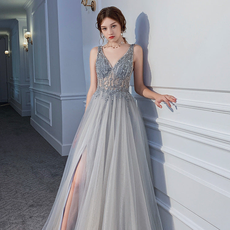 V-Neck Backless Sequin Dress
