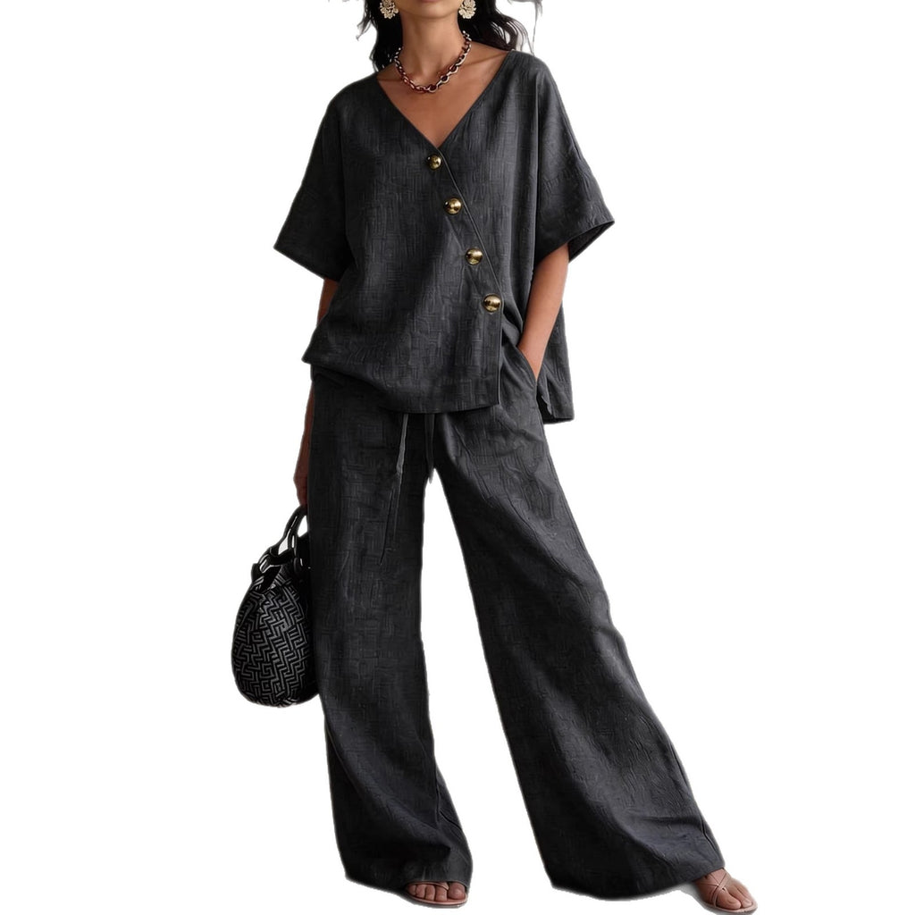 Casual Vacation Loose Cotton-Linen V-Neck Wide-Leg Pants Two-Piece Set