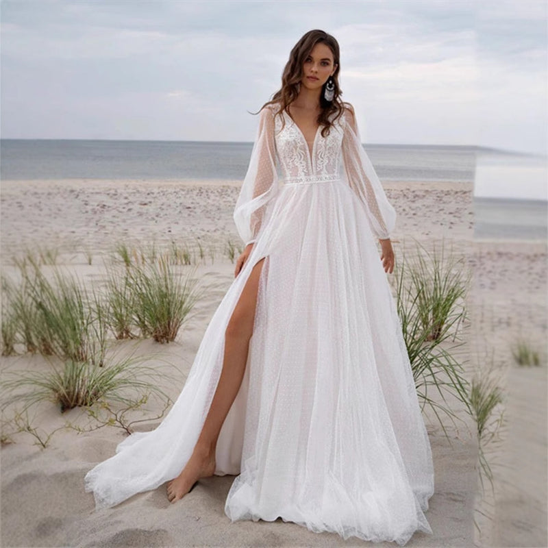 Puff-Sleeve Mesh Wedding Dress