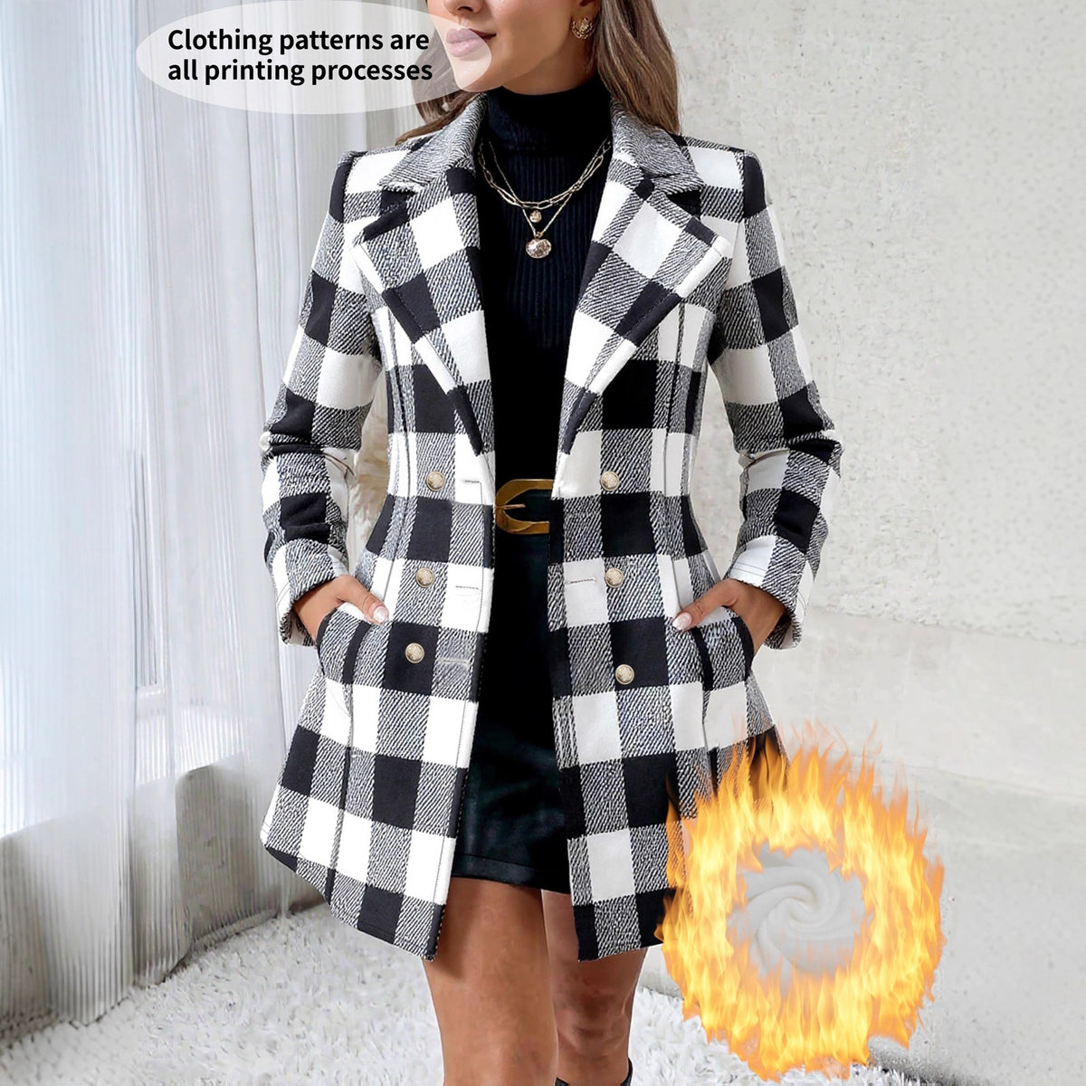 Plus Size Plaid Fleece-Lined Coat