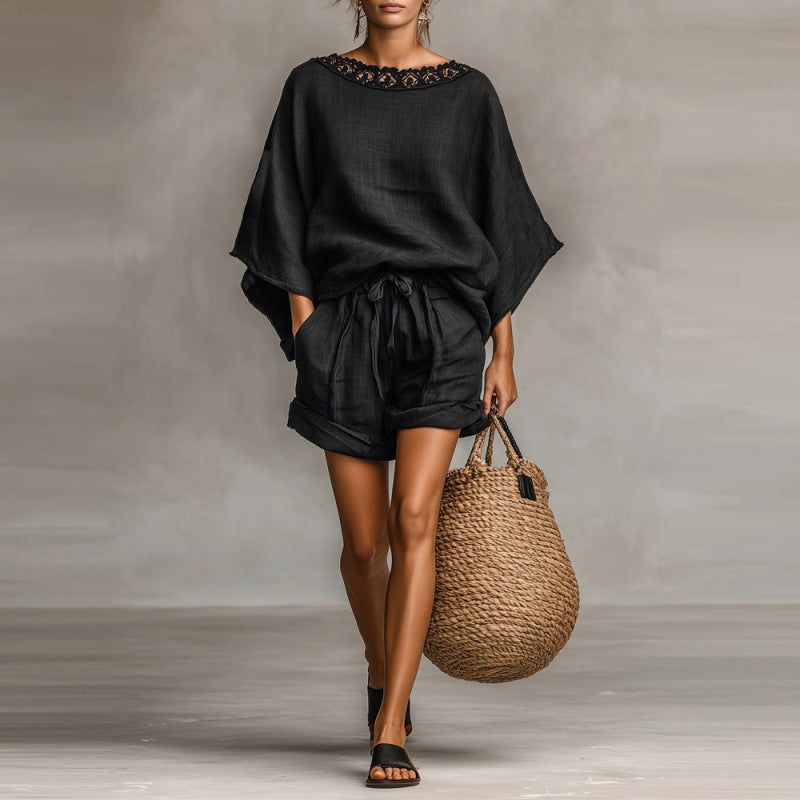 Loose-fitting Solid-color Casual T-shirt And Shorts Set