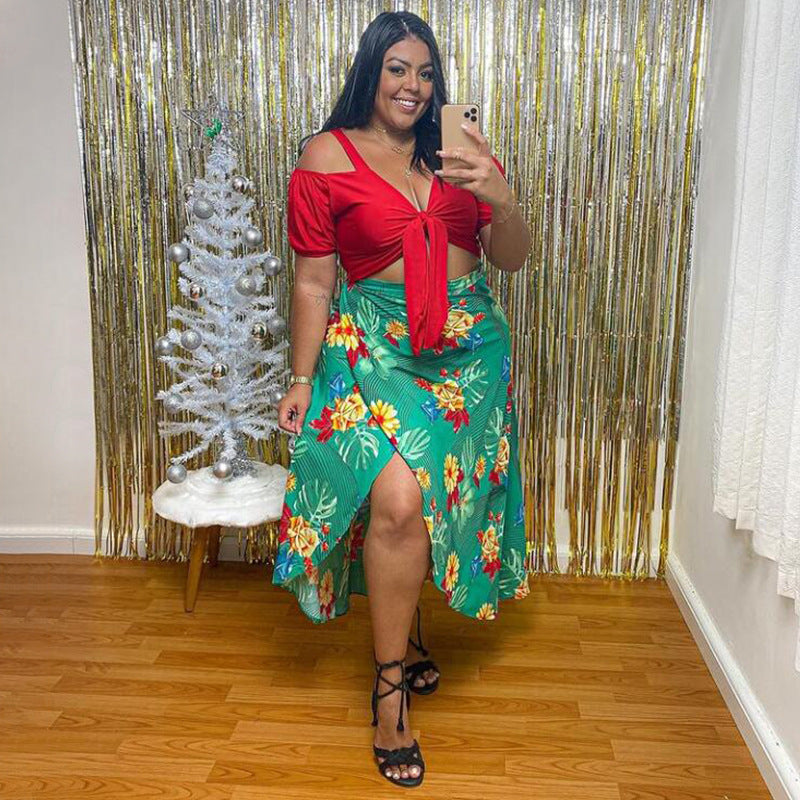Plus Size Printed Split Two-Piece Set