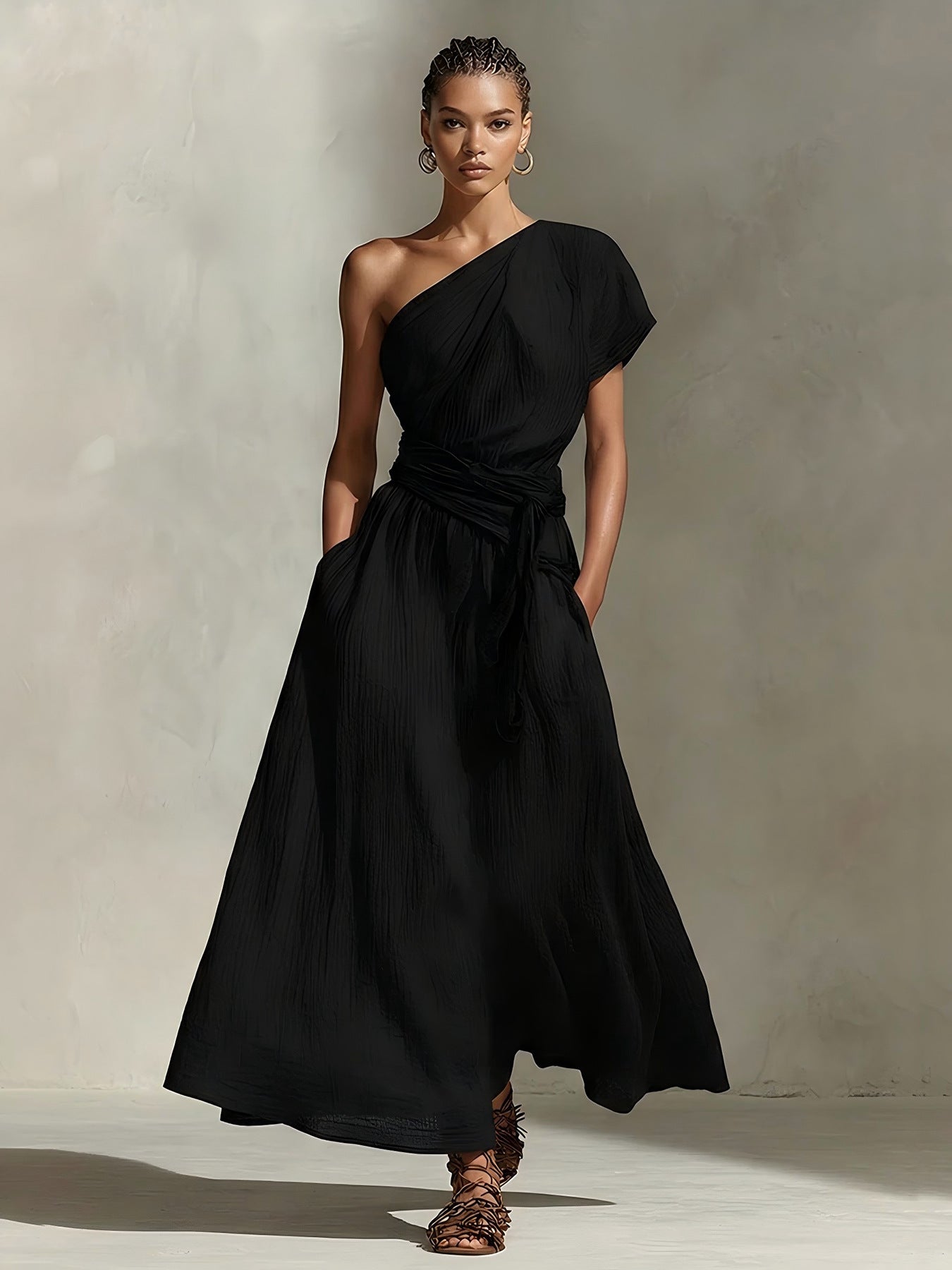 Womens Long One-Shoulder Dress With Neckline And Waist Tie