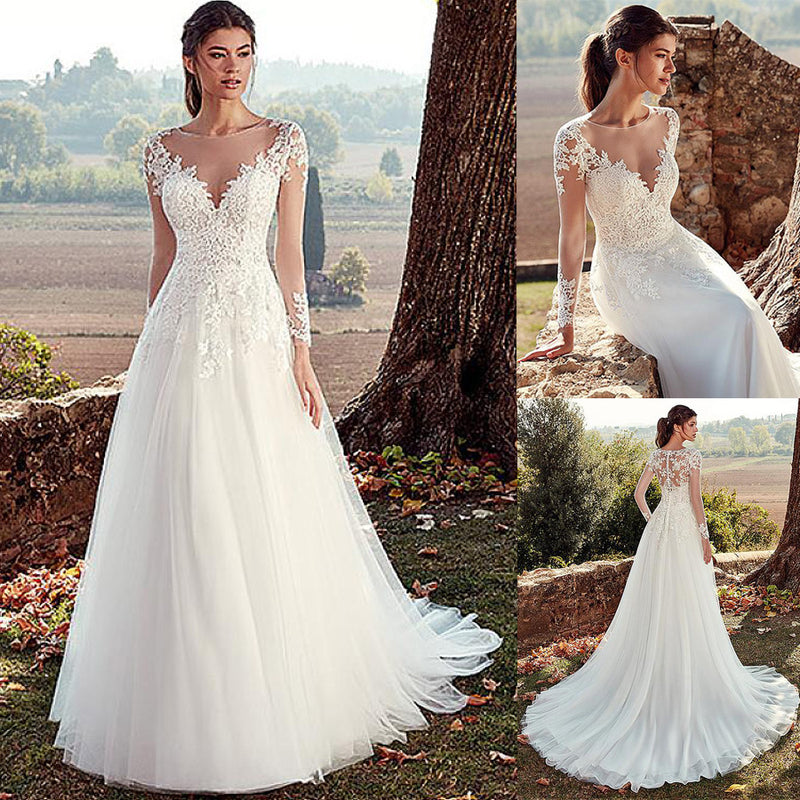 High U-Neck Lace Long-Sleeve Wedding Dress
