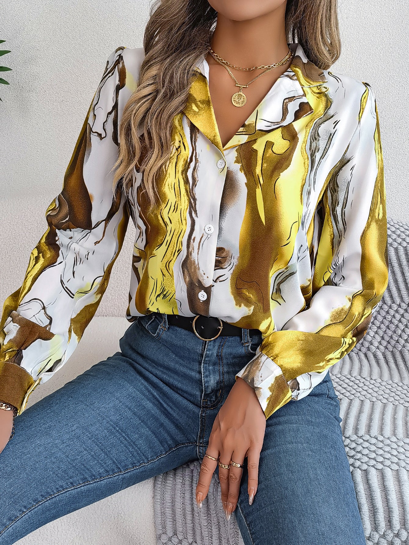 Women's Casual Color Block Stripe Notched Lapel Long Sleeve Shirt