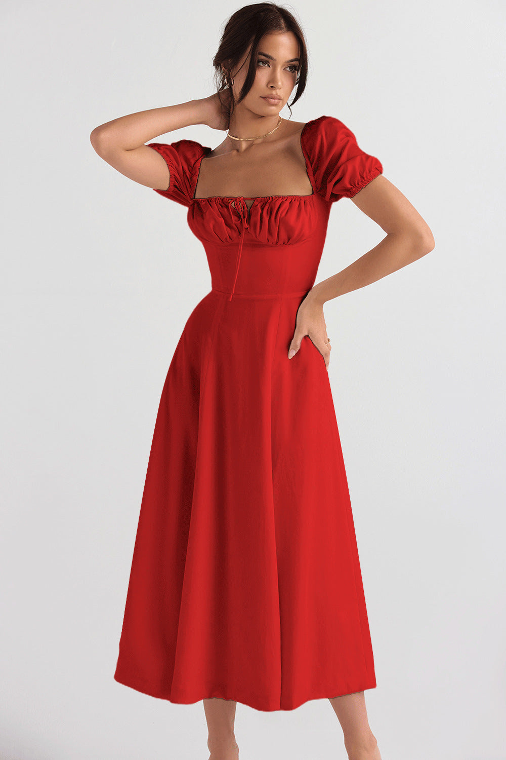 Womens Slimming Elegant Puff-Sleeve Lace-Up Short-Sleeve Dress