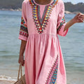 Women's Casual Round Neck Mid Sleeve Print Cotton And Linen Dress