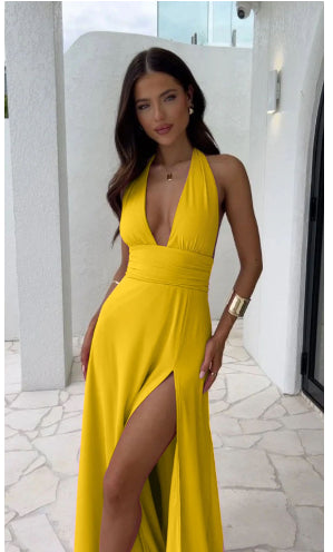 Halter V-Neck Backless Slit Dress