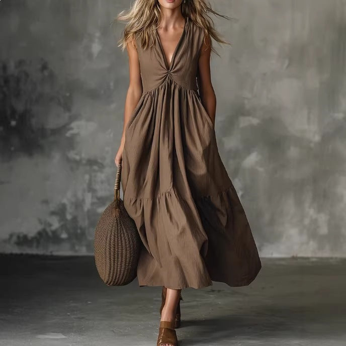 Solid-color Sleeveless V-neck Dress
