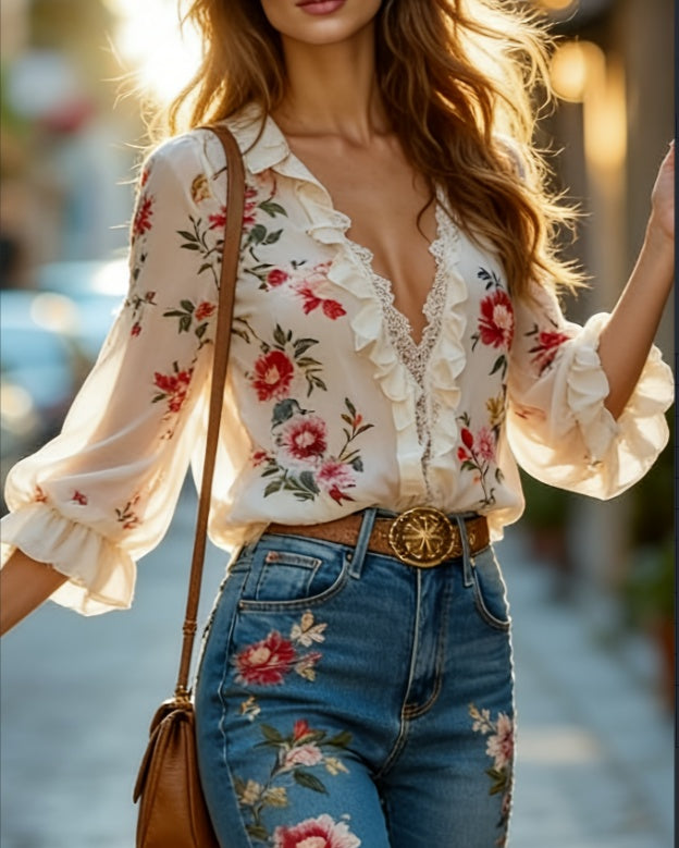 Floral V-Neck Chiffon Blouse