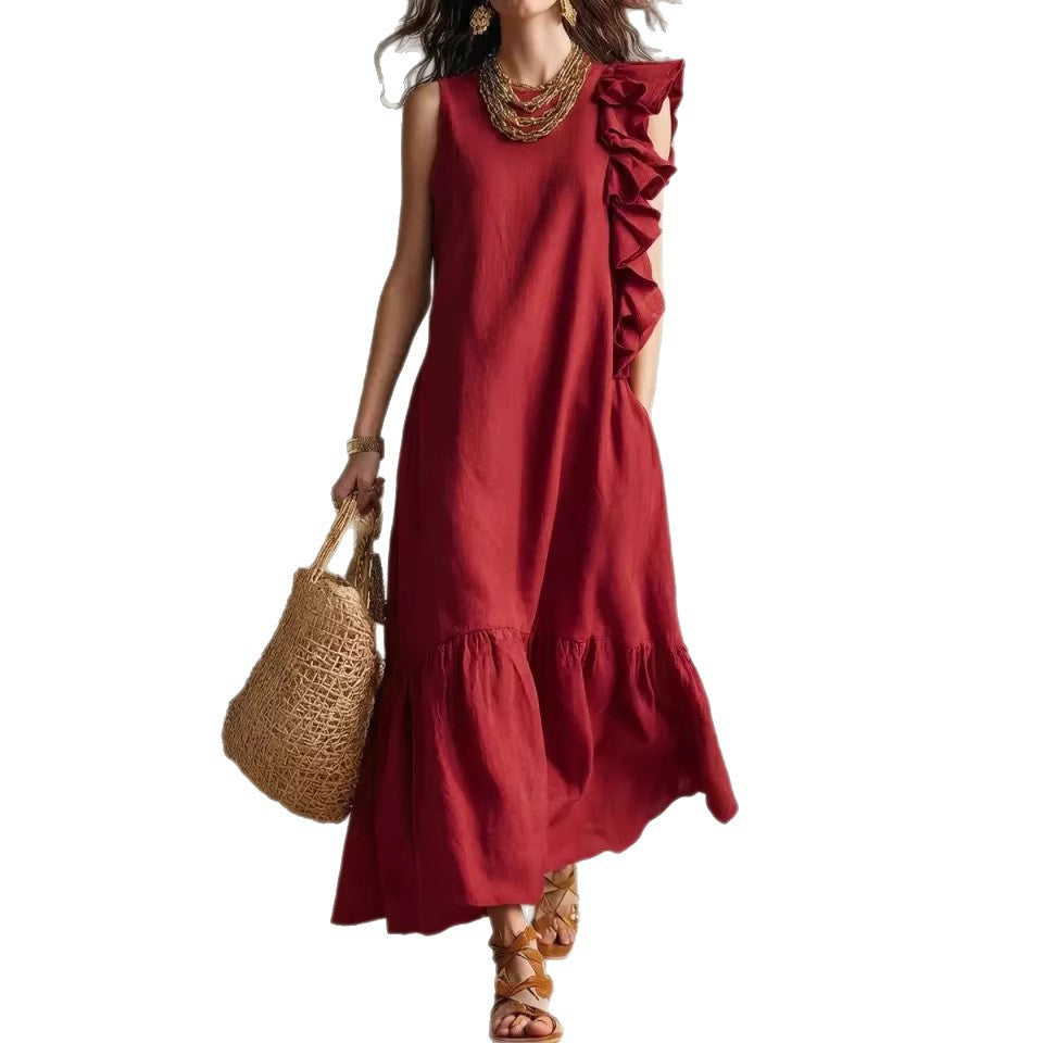 Irregular Ruffle Sleeveless Womens Dress