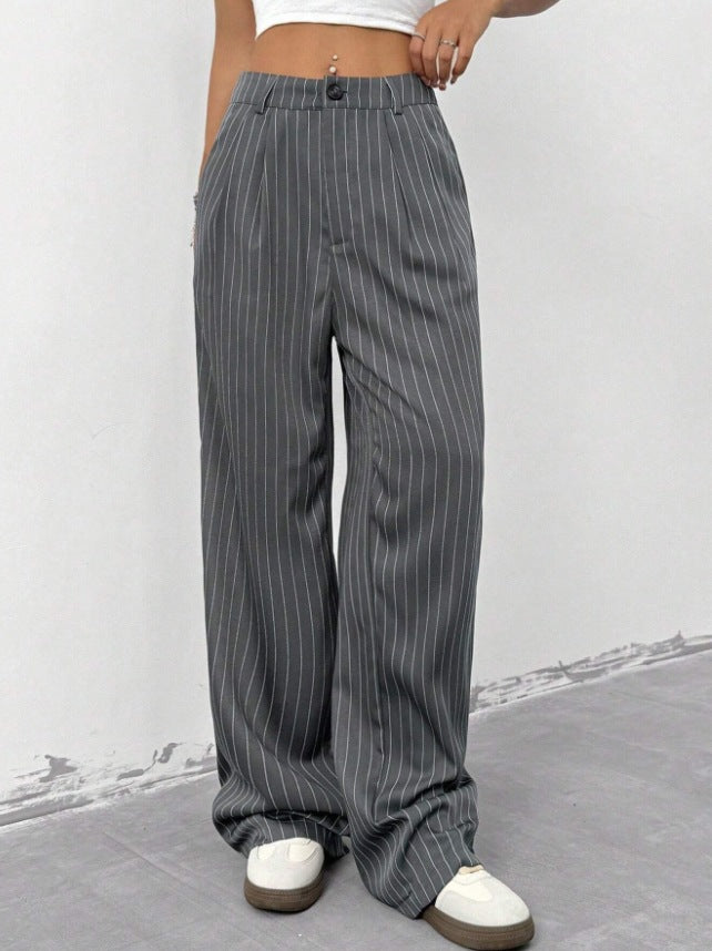 Blue Striped Loose-fit Wide-leg Casual Pants