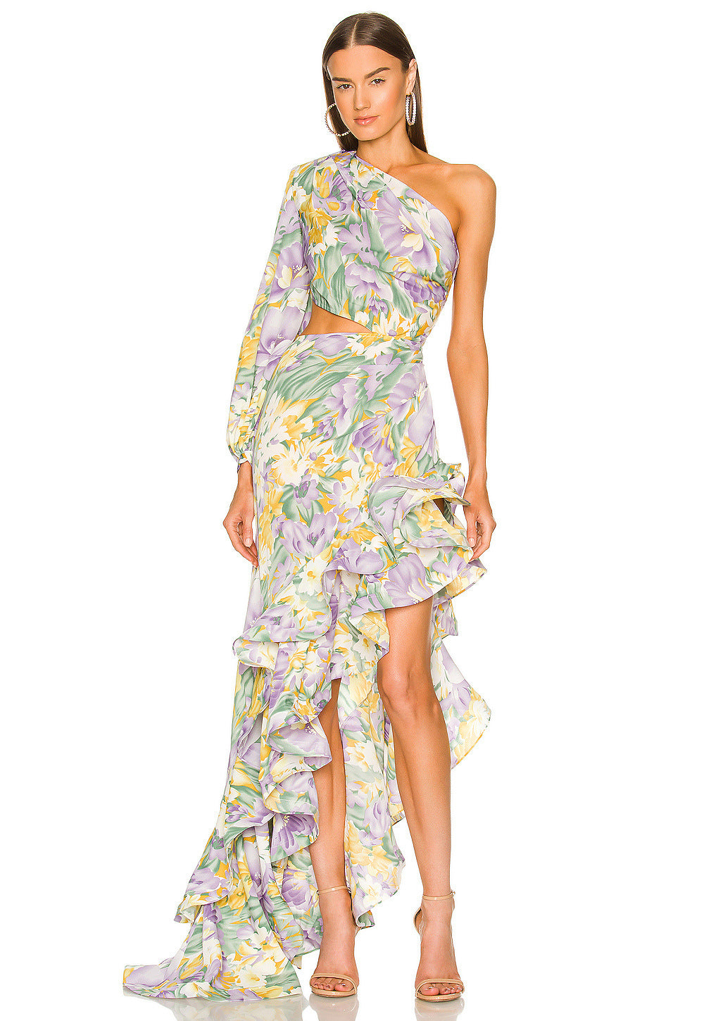 Women's Slanted Shoulder Floral Irregular Lotus Leaf Dress