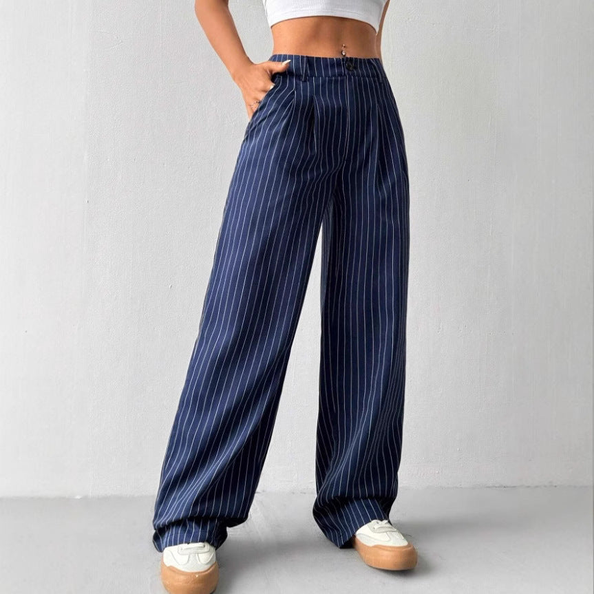 Blue Striped Loose-fit Wide-leg Casual Pants
