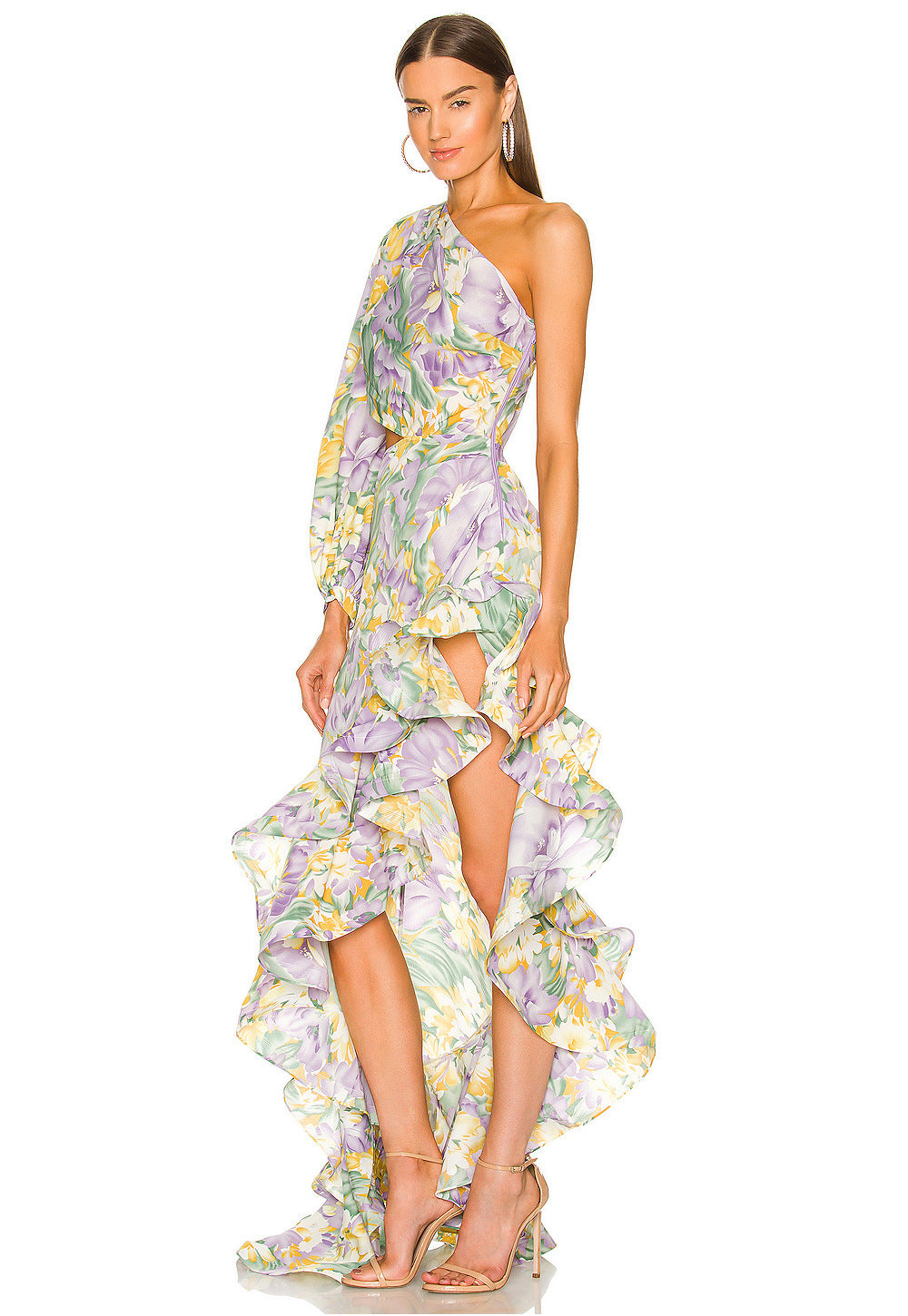 Women's Slanted Shoulder Floral Irregular Lotus Leaf Dress