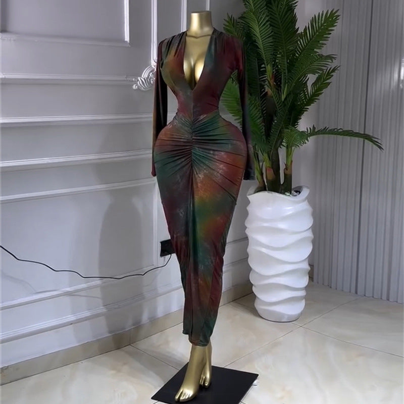 Printed V-neck Long-sleeve High-waist Figure-flattering Sheath Dress