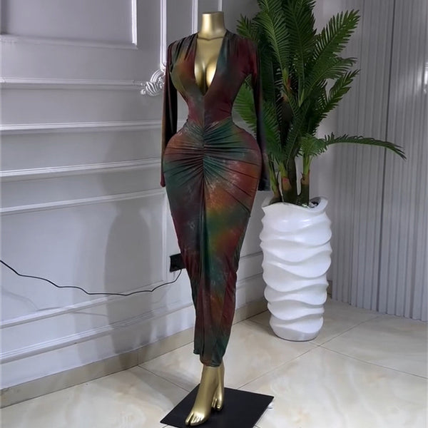 Printed V-neck Long-sleeve High-waist Figure-flattering Sheath Dress