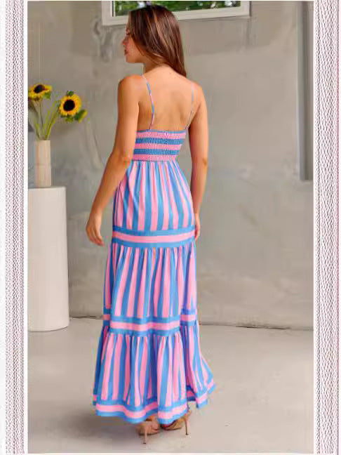 Striped Square Neck Maxi Dress with Pockets