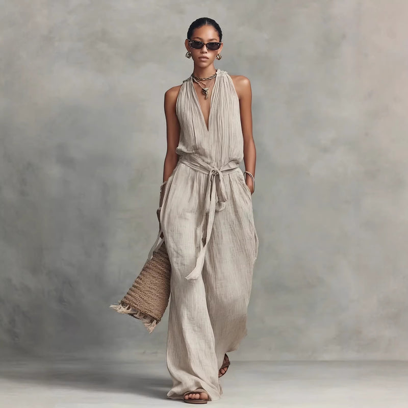 Casual Lace-up Sleeveless Cotton-blend Jumpsuit