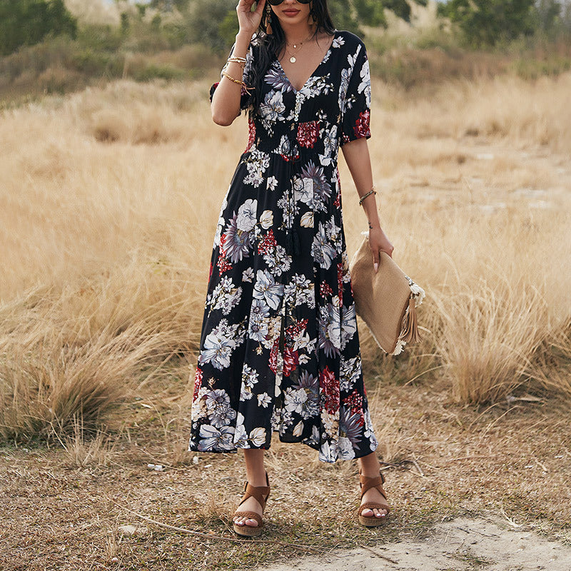 Floral V-Neck Summer Beach Dress