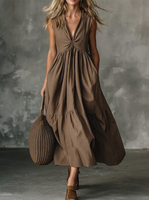 Solid-color Sleeveless V-neck Dress