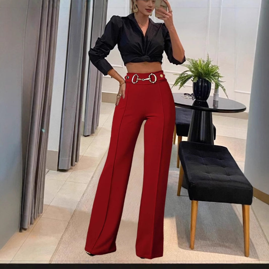 Solid-color High-waisted Womens Casual Straight-leg Pants