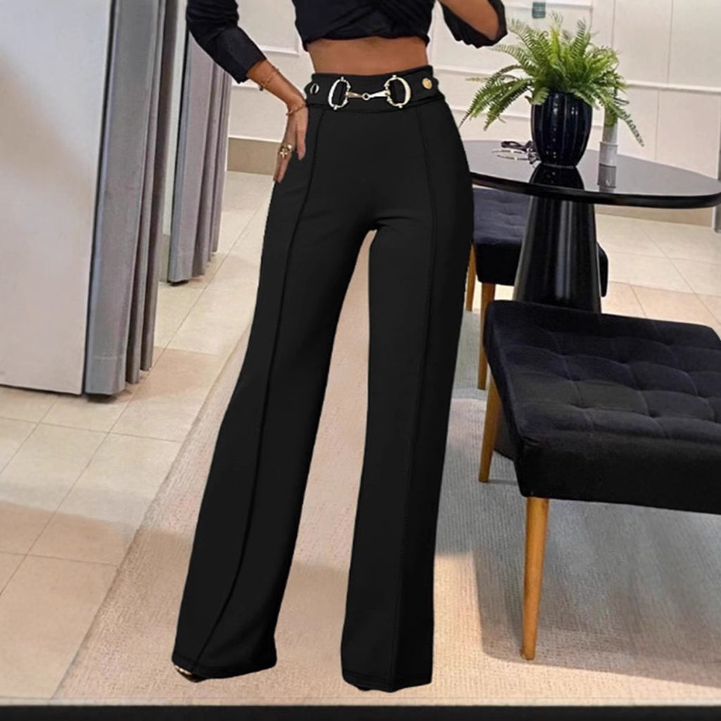 Solid-color High-waisted Womens Casual Straight-leg Pants