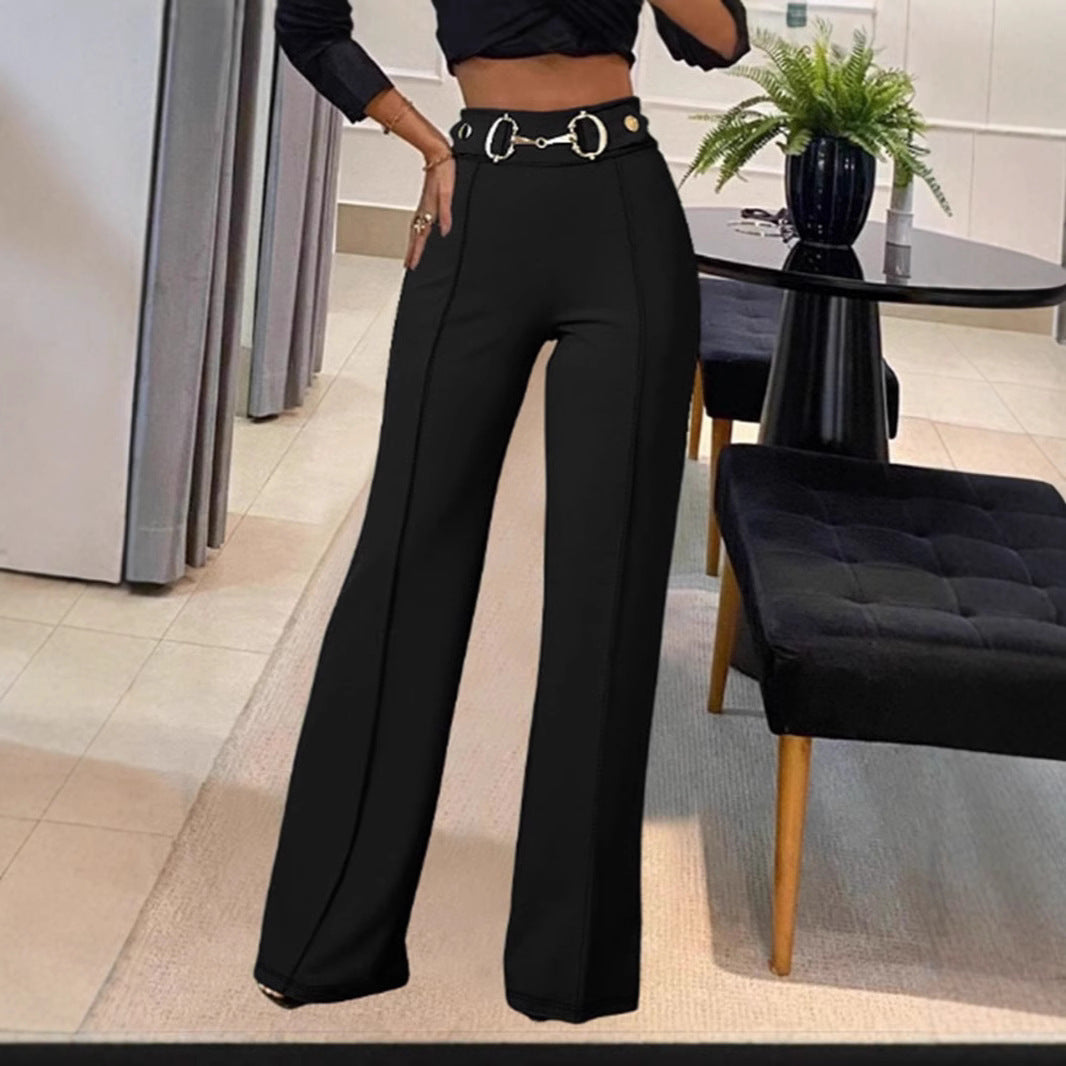 Solid-color High-waisted Womens Casual Straight-leg Pants