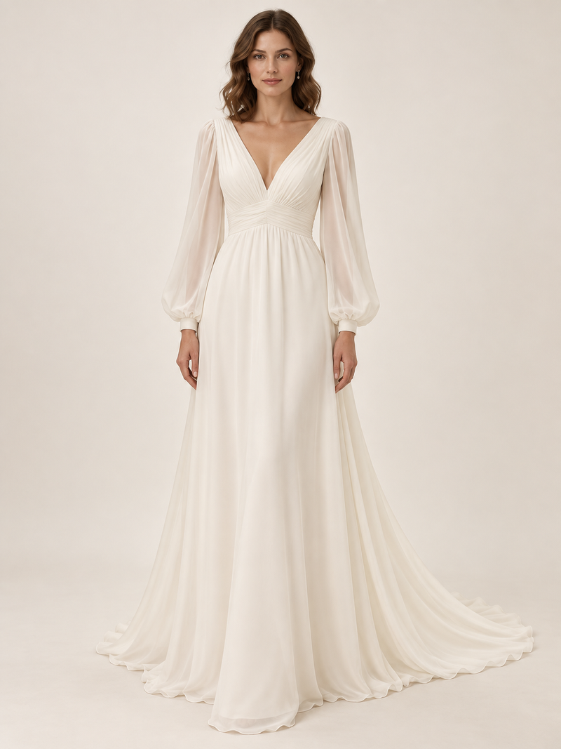 Chiffon Long-Sleeve Bridal Gown