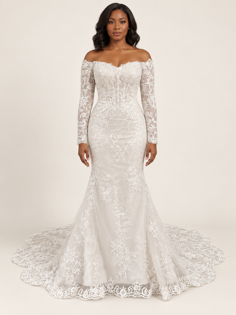 Off-shoulder Lace Long Sleeve Fishtail Gown