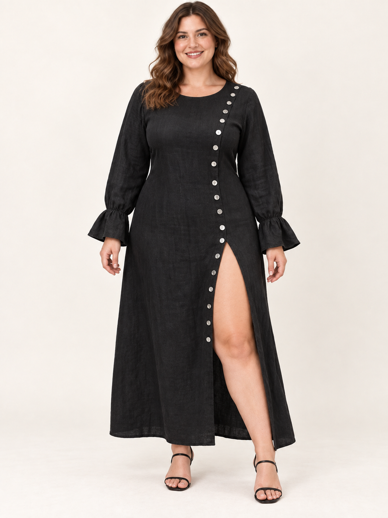 Womens Long-Sleeve Casual Cotton-Linen Slit Dress With Buttons
